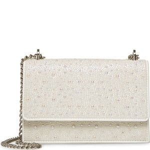 Betsey Johnson White Pearl Embellished crossbody purse. Silver details.